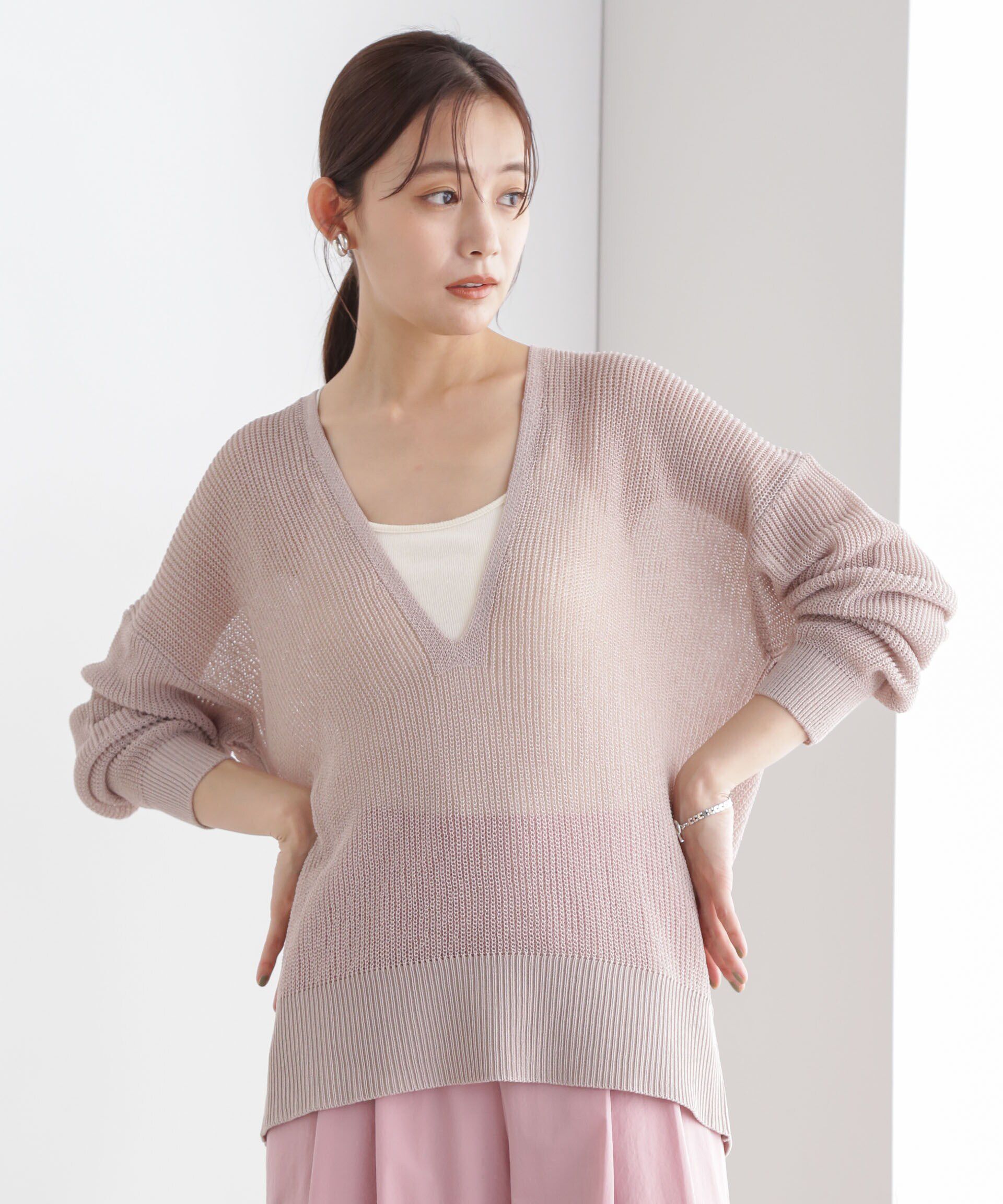 nano･universe「DeepVネックシアー畔ニット」|ニット・セーター|グレージュ3