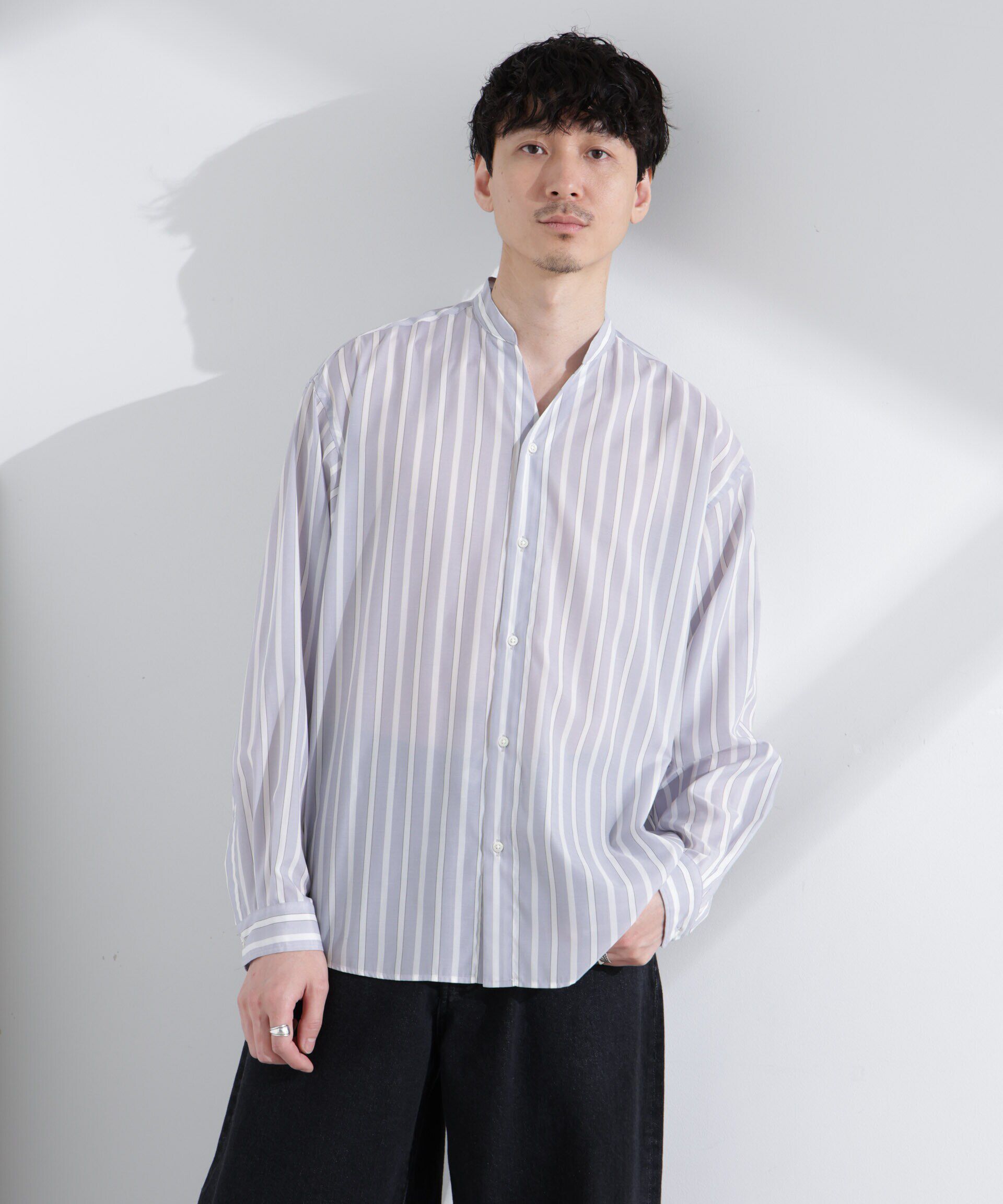 nano･universe「「大人のワイドシャツ」バンドカラー　ストライプ 長袖」|シャツ・ブラウス|