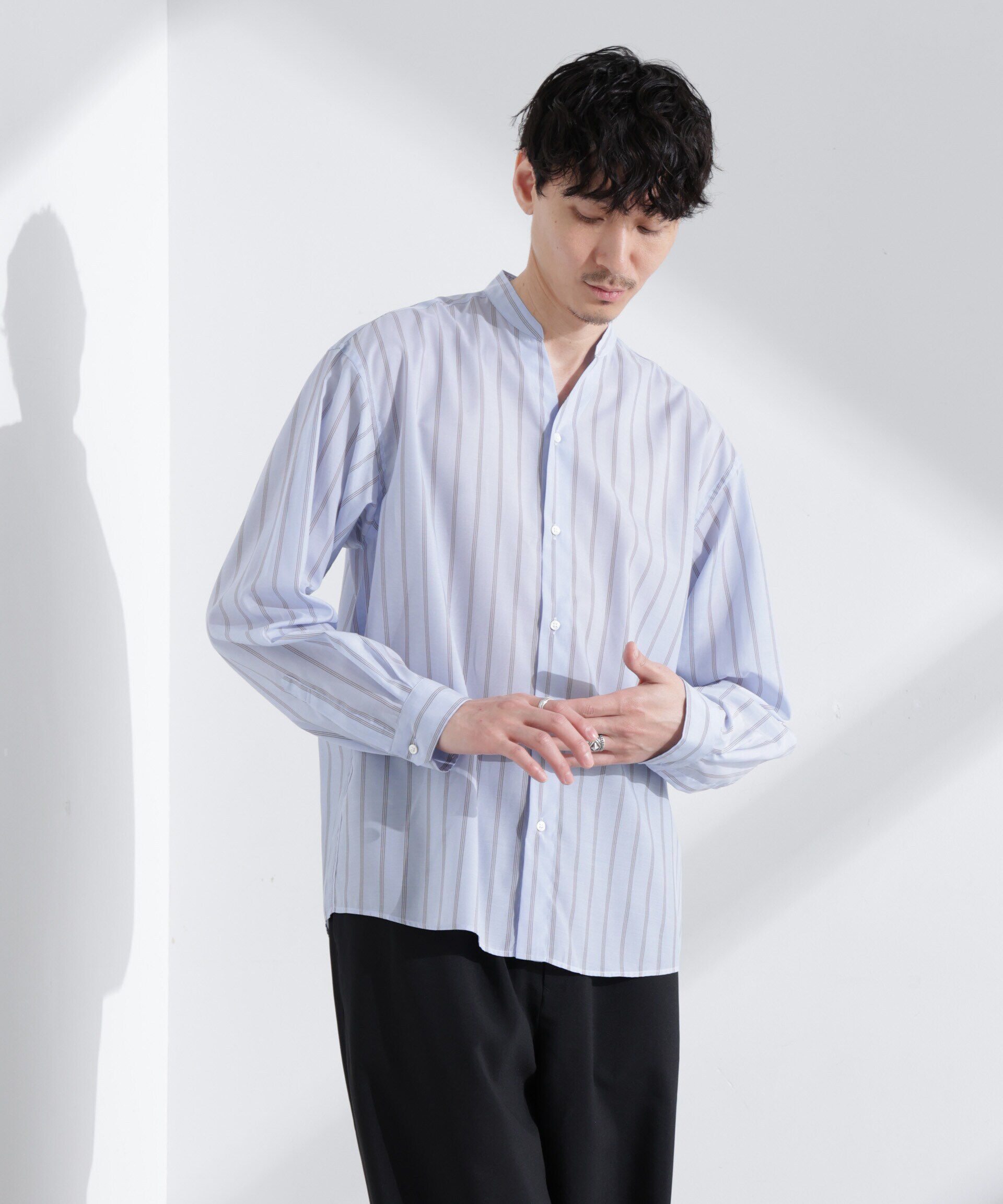 nano･universe「「大人のワイドシャツ」バンドカラー　ストライプ 長袖」|シャツ・ブラウス|