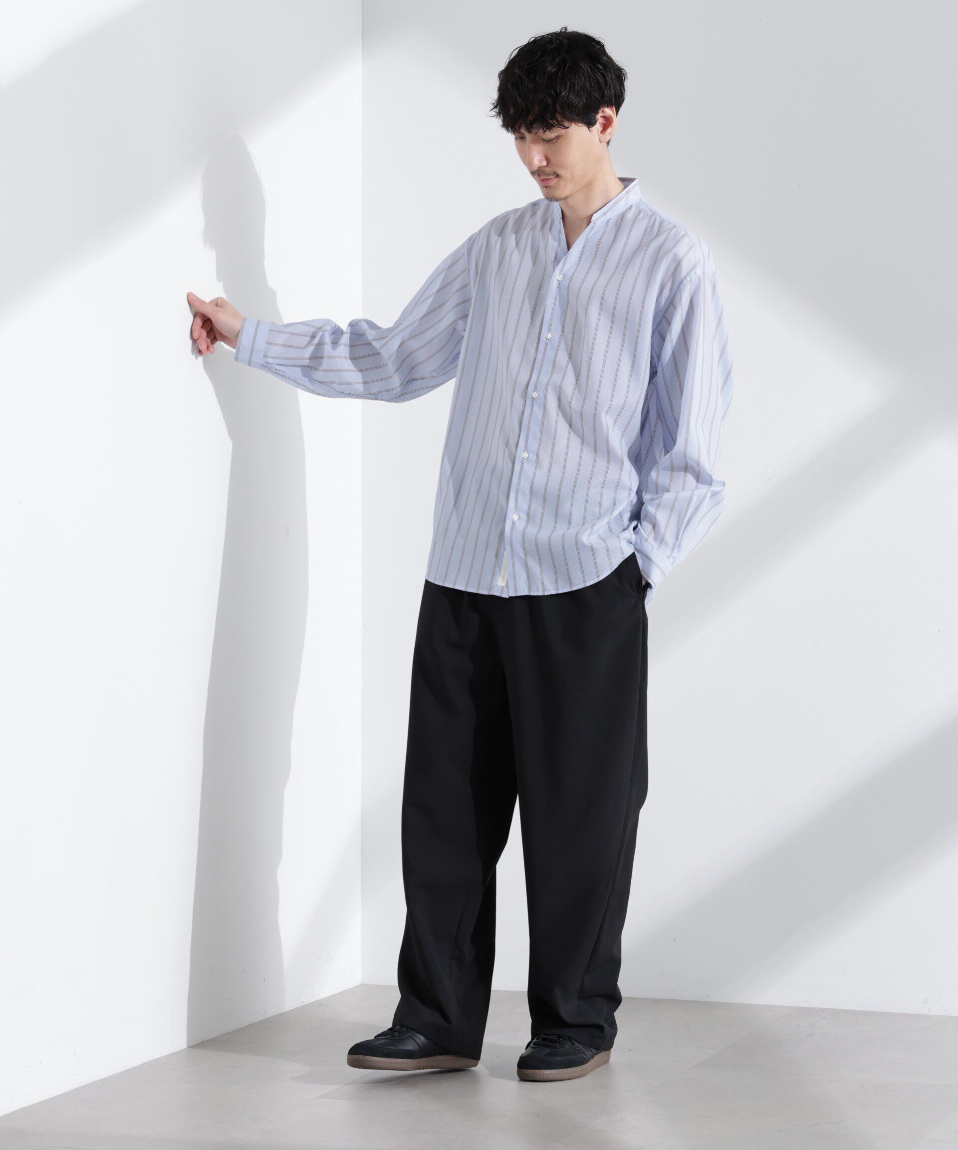 nano･universe「「大人のワイドシャツ」バンドカラー　ストライプ 長袖」|シャツ・ブラウス|