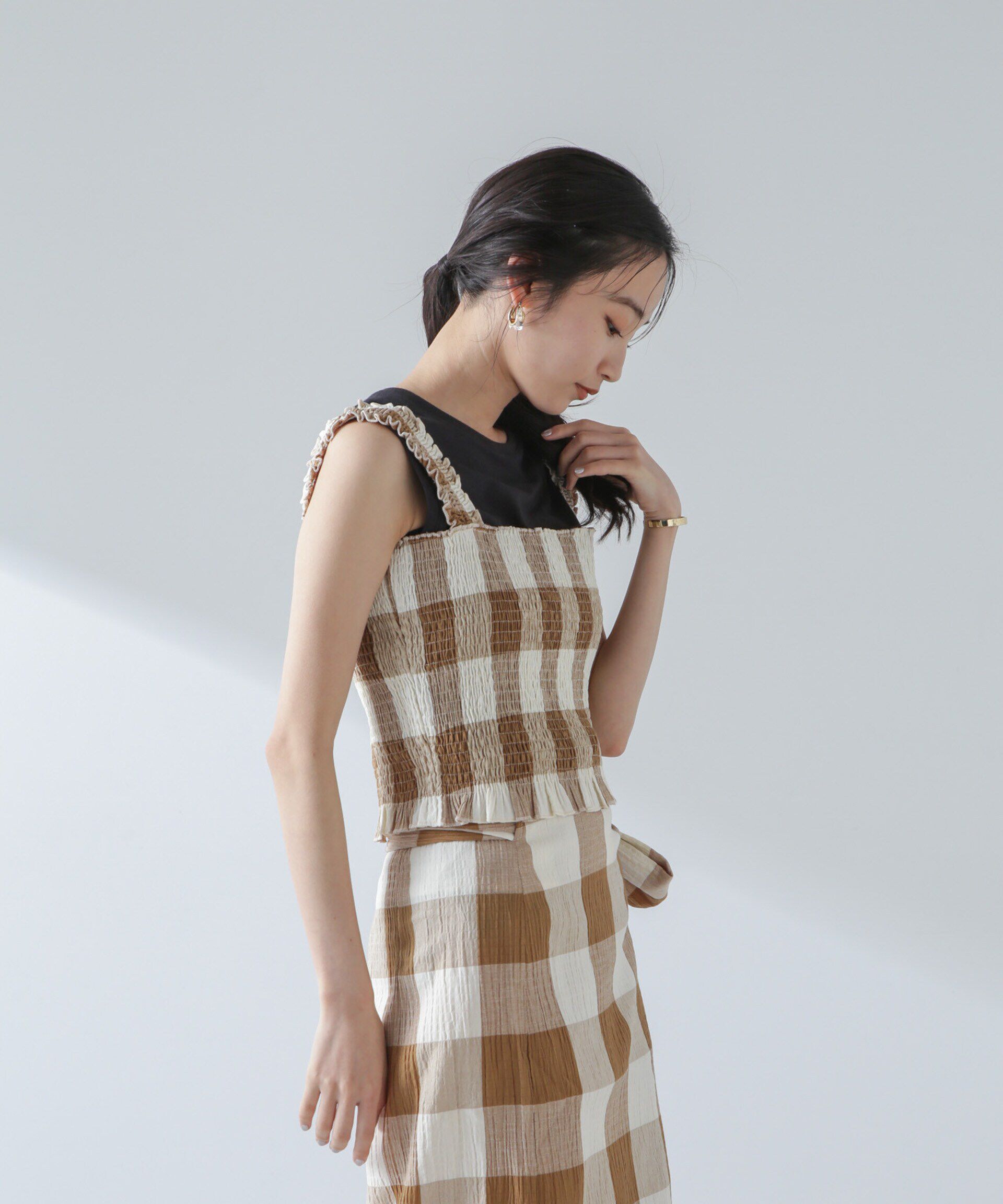 nano･universe「RITA ROW/Checkered smocked body top」|ダウンベスト・ベスト|