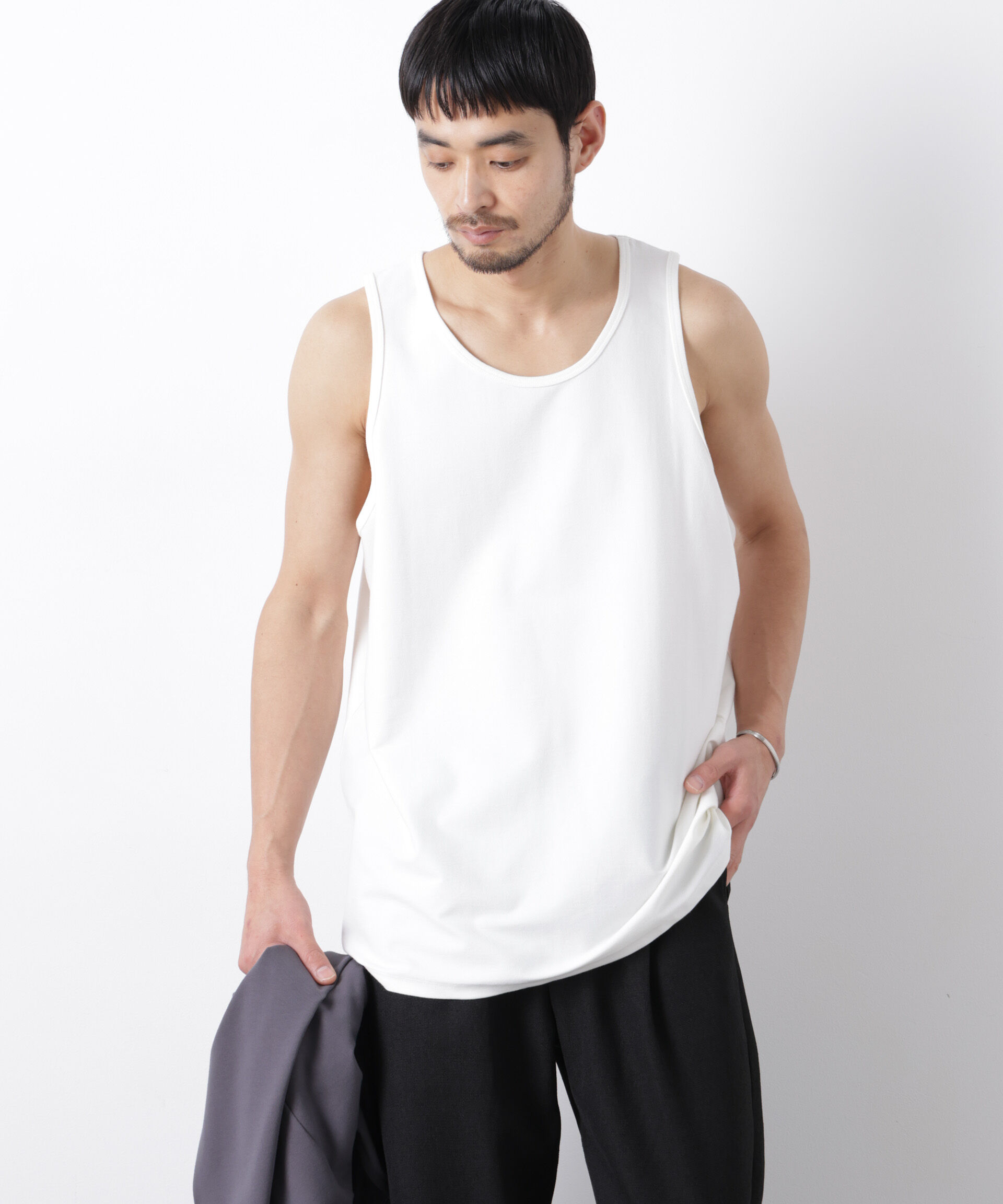 nano･universe「｢Meaningful Continuity｣coveross(R) ﾂｲﾙ調 冷感ﾌﾟﾚｰﾃｨﾝｸﾞ天竺 ﾀﾝ  」|Tシャツ・カットソー|ホワイト