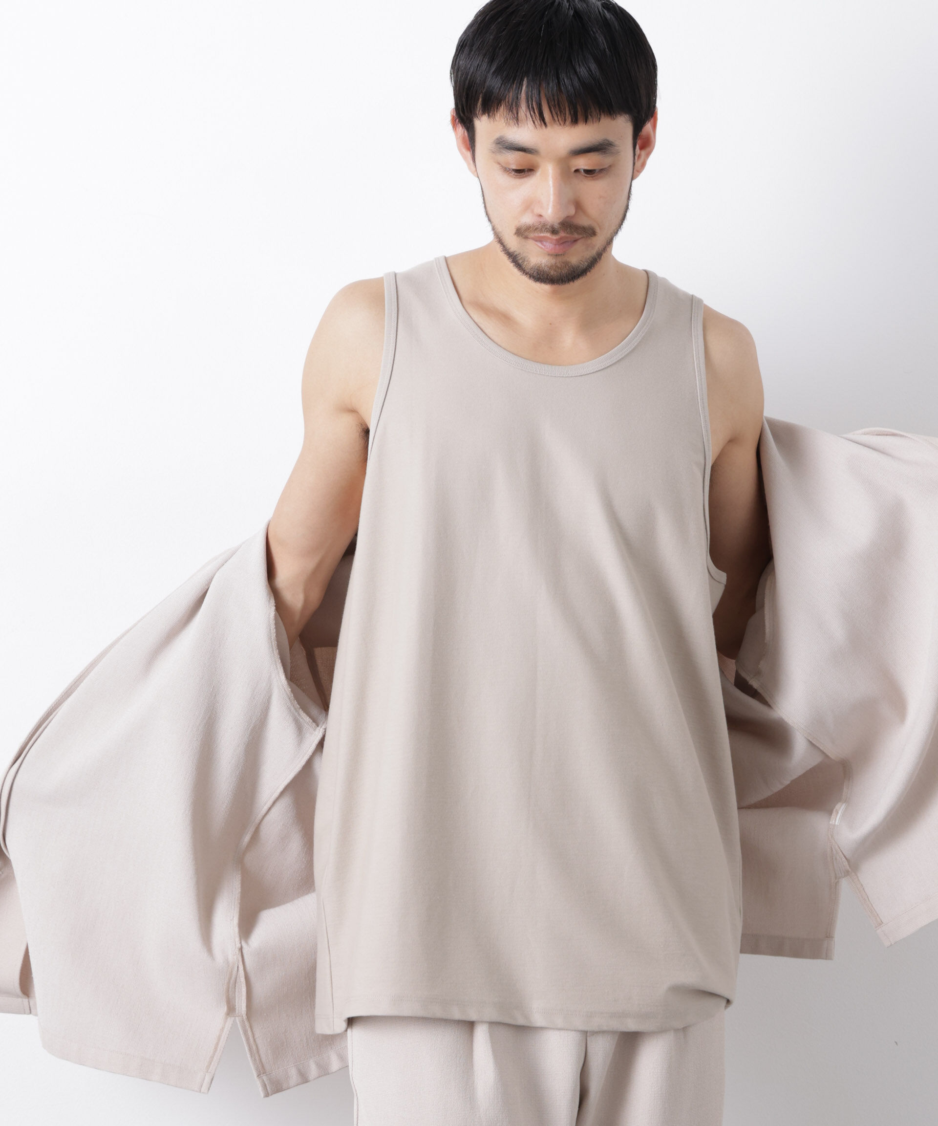 nano･universe「｢Meaningful Continuity｣coveross(R) ﾂｲﾙ調 冷感ﾌﾟﾚｰﾃｨﾝｸﾞ天竺 ﾀﾝ  」|Tシャツ・カットソー|ベージュ