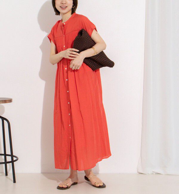NOLLEY'S「ウォッシャブル前ボタンタックギャザーワンピース」|ワンピース|レッド