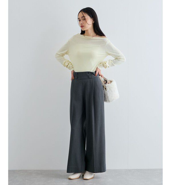 VIS「【美warm】ストレッチ釦付きワイドパンツ/スラックス【アンチピリング/防シワ/洗える】」|チノ|