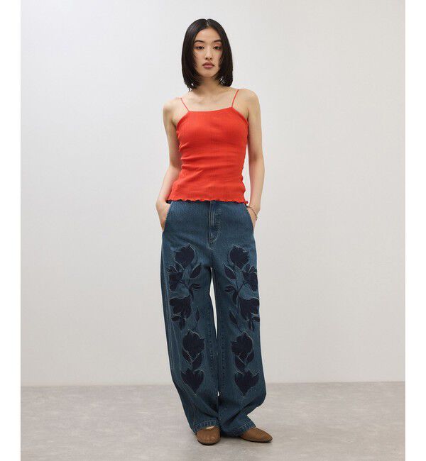 ADAM ET ROPE'「【サステナブル】エンブロイダリーハイウエストデニムパンツ」|デニム|