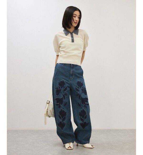 ADAM ET ROPE'「【サステナブル】エンブロイダリーハイウエストデニムパンツ」|デニム|