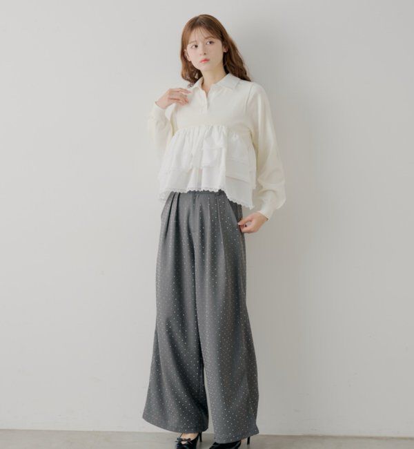  「【SALON by Chico】取り外しフリルルーズラインストーンスラックス」|チノ|