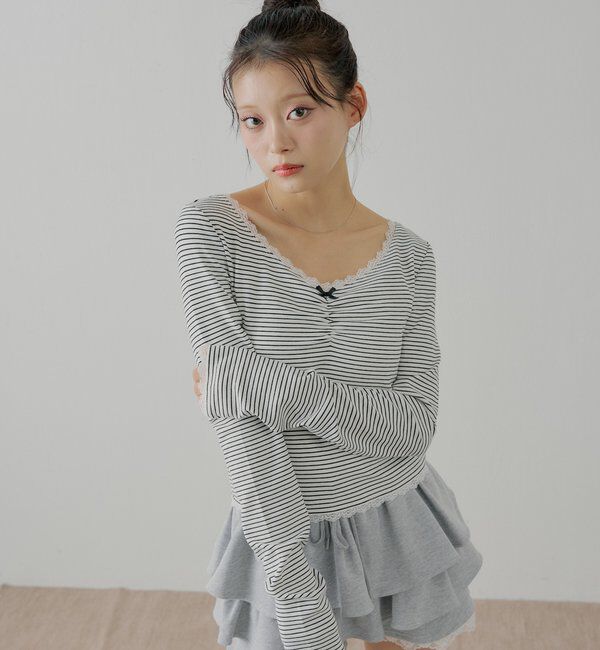  「前後2wayレースギャザーロンT」|Tシャツ・カットソー|