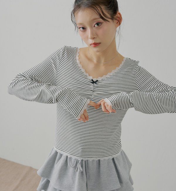  「前後2wayレースギャザーロンT」|Tシャツ・カットソー|