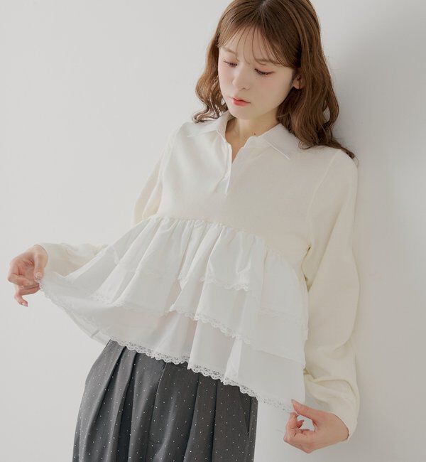  「【SALON by Chico】レースティアードペプラム襟付きニット」|ニット・セーター|アイボリー