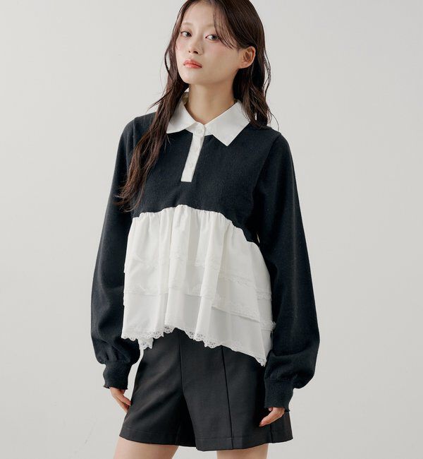  「【SALON by Chico】レースティアードペプラム襟付きニット」|ニット・セーター|