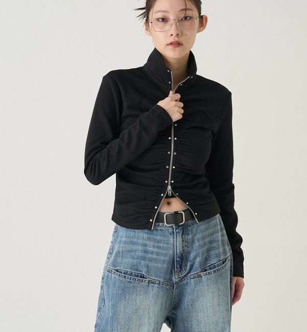  「スタッズジップギャザートップス」|Tシャツ・カットソー|