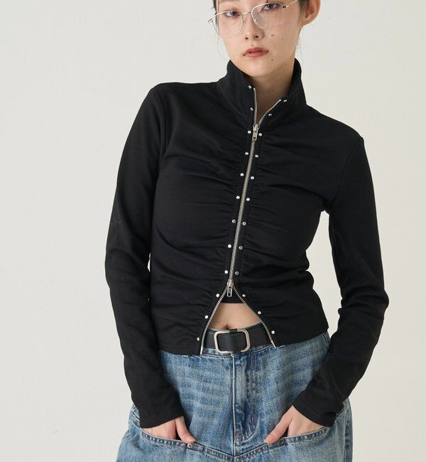  「スタッズジップギャザートップス」|Tシャツ・カットソー|ブラック
