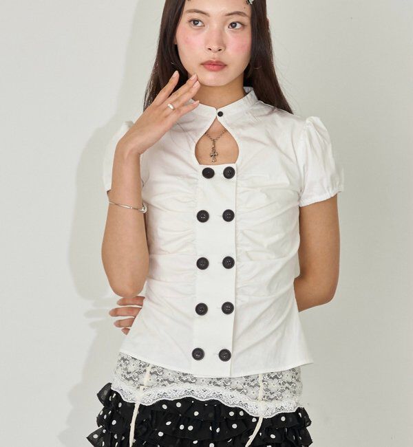  「Wボタンギャザーブラウス(ドット柄・無地)」|シャツ・ブラウス|