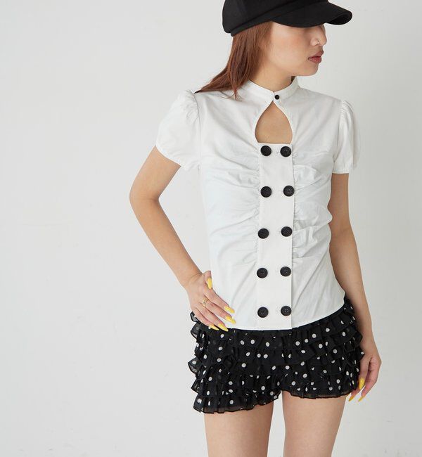  「Wボタンギャザーブラウス(ドット柄・無地)」|シャツ・ブラウス|