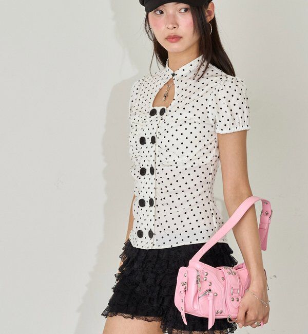  「Wボタンギャザーブラウス(ドット柄・無地)」|シャツ・ブラウス|