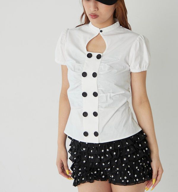  「Wボタンギャザーブラウス(ドット柄・無地)」|シャツ・ブラウス|