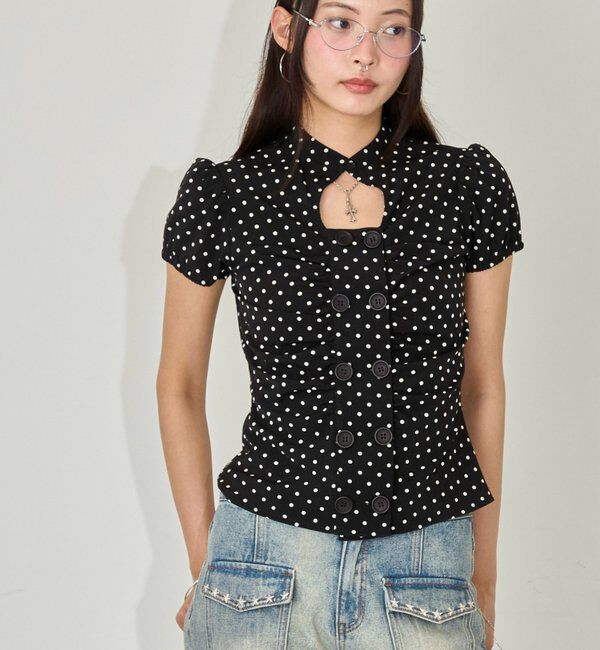  「Wボタンギャザーブラウス(ドット柄・無地)」|シャツ・ブラウス|