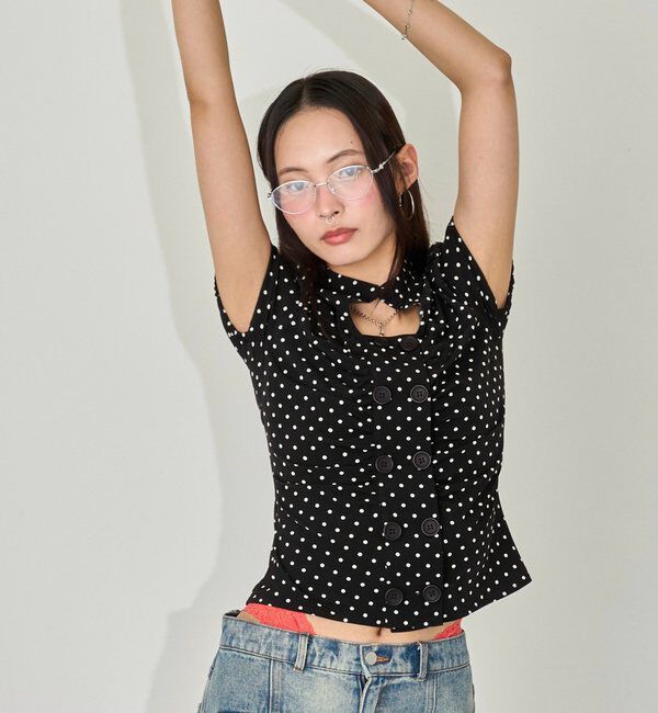  「Wボタンギャザーブラウス(ドット柄・無地)」|シャツ・ブラウス|