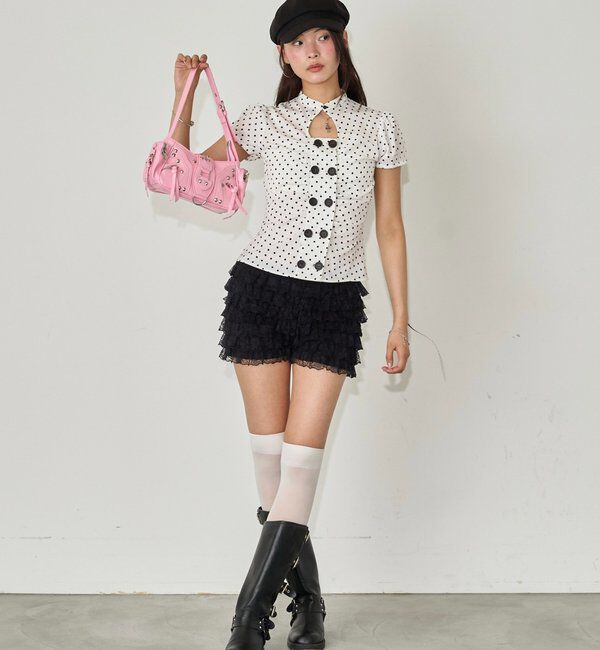  「Wボタンギャザーブラウス(ドット柄・無地)」|シャツ・ブラウス|