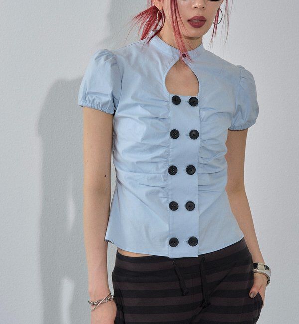  「Wボタンギャザーブラウス(ドット柄・無地)」|シャツ・ブラウス|