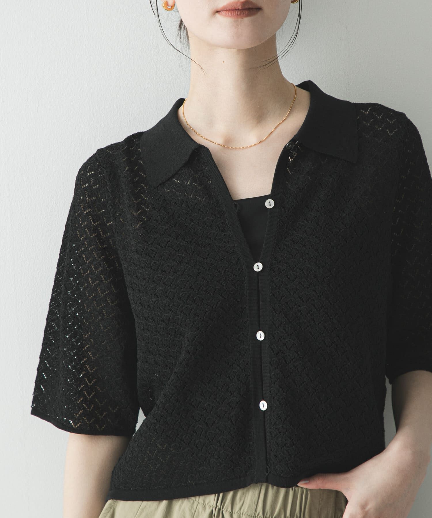 URBAN RESEARCH「シャツカラーレースニット」|ニット・セーター|ブラック