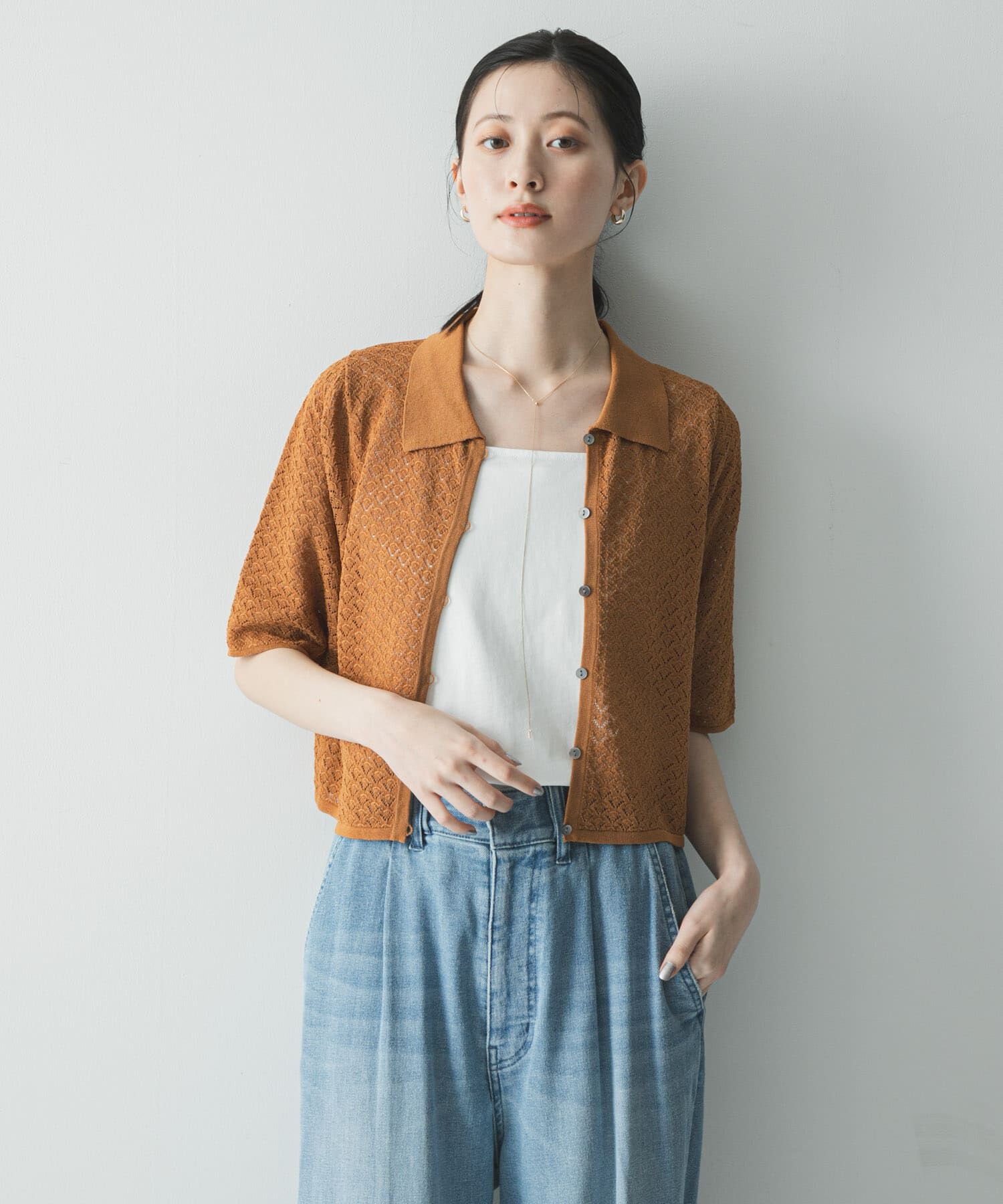 URBAN RESEARCH「シャツカラーレースニット」|ニット・セーター|ブラウン系その他