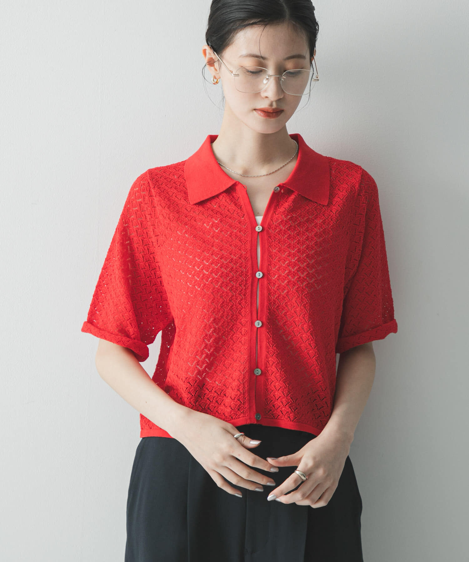 URBAN RESEARCH「シャツカラーレースニット」|ニット・セーター|