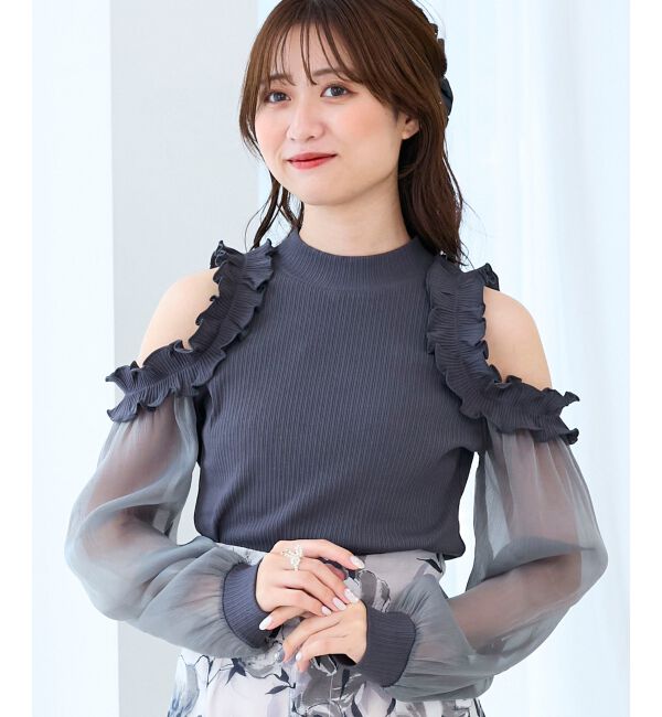  「オープンショルダーフリルカットトップス」|Tシャツ・カットソー|Ｃ／グレー