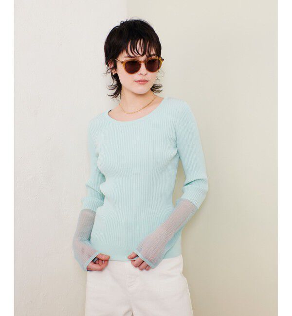 allureville「シアーカフスラウンドネックプルオーバー」|ニット・セーター|ライトブルー