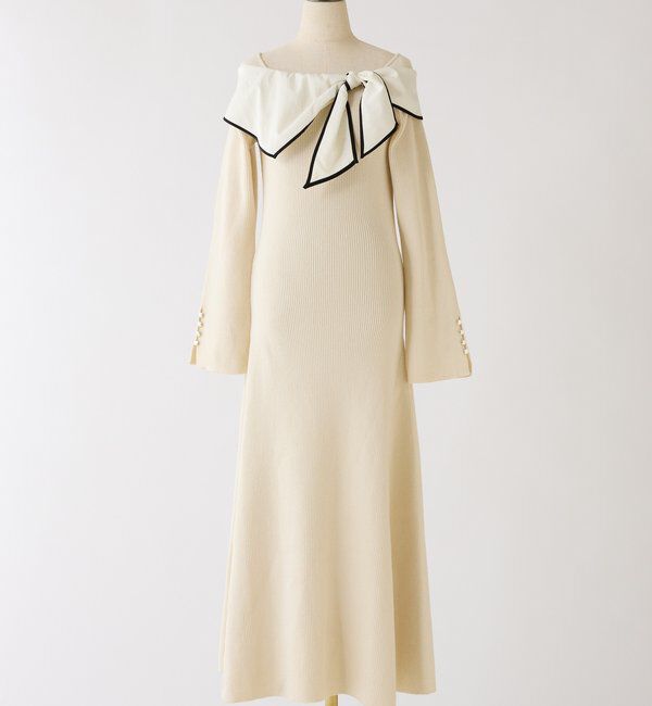  「異素材リボンニットロングワンピース」|ワンピース|