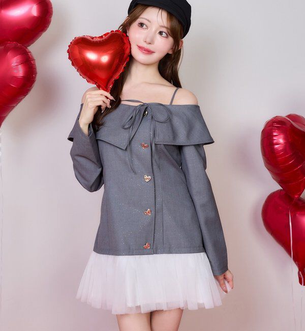  「ハートボタン切替ミニワンピース」|ワンピース|グレー