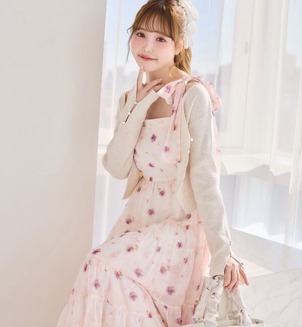  「【肩リボン取り外し可能】カーディガンセット２枚セットワンピ」|ワンピース|