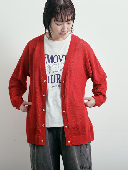 SM2「メッシュ編みVネックカーディガン」|カーディガン|レッド