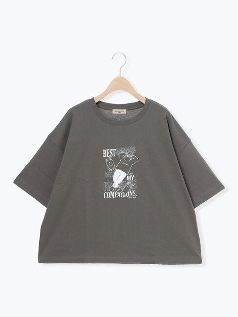 Samansa Mos2「ヴィンテージ風天竺おじさんプリント刺繍Tシャツ」|Tシャツ・カットソー|チャコールグレー