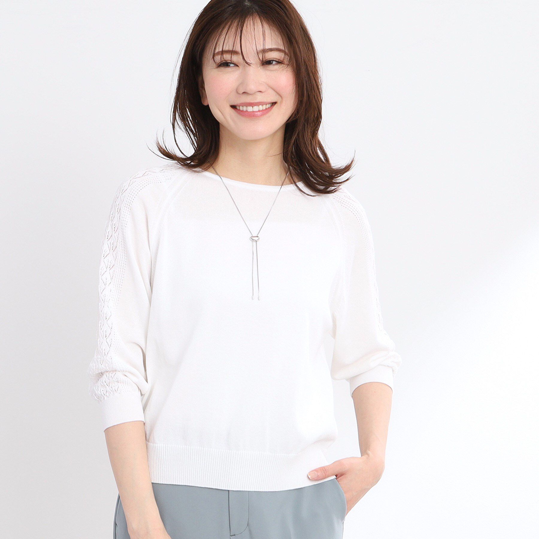 Reflect「【WEB先行カラーあり／手洗い可】透かし柄スリーブニット」|ニット・セーター|オフホワイト(003