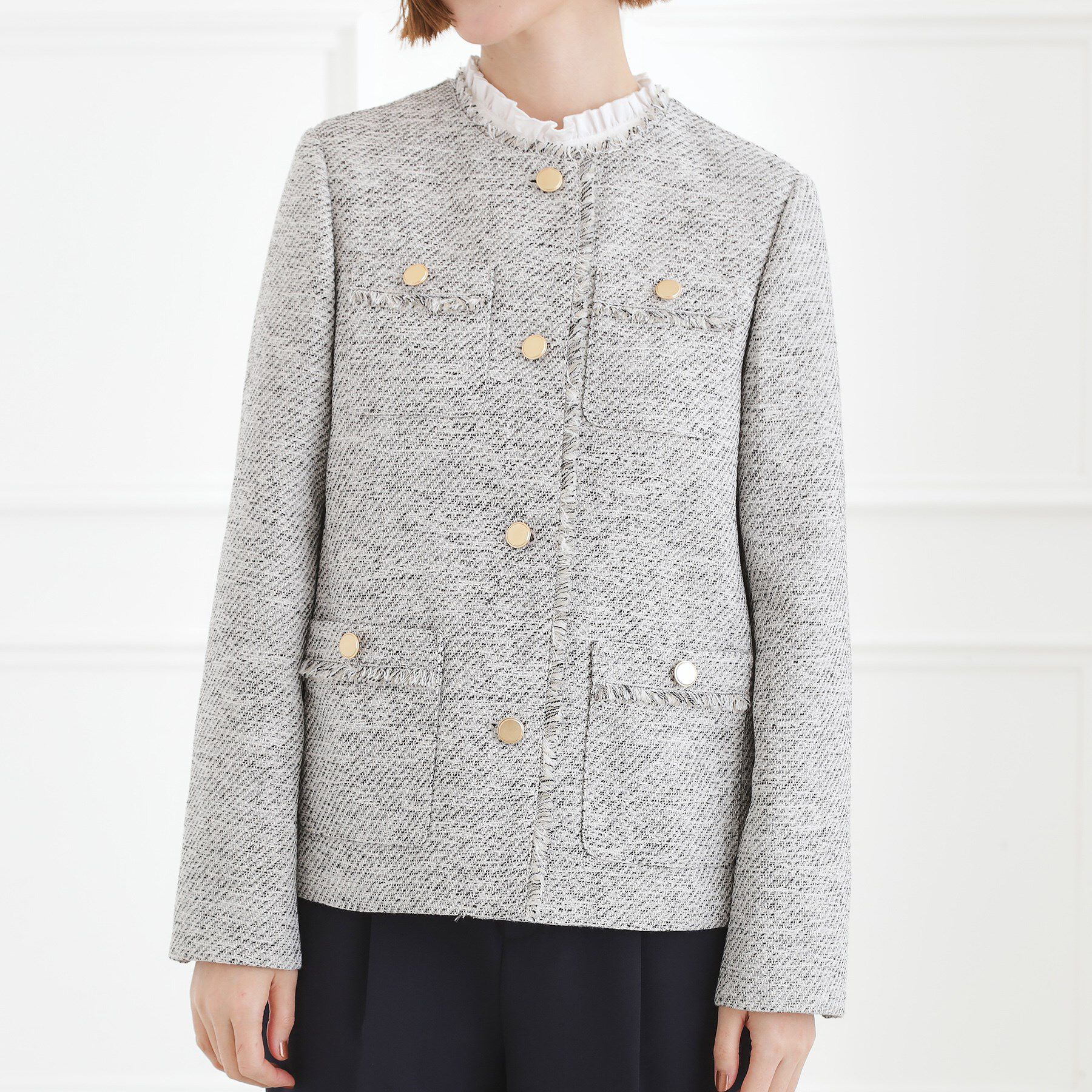 grove「【ハレの日・通勤】きちんとからカジュアルまで着回せる、ミドル丈ツイードジャケット」|ノーカラージャケット|