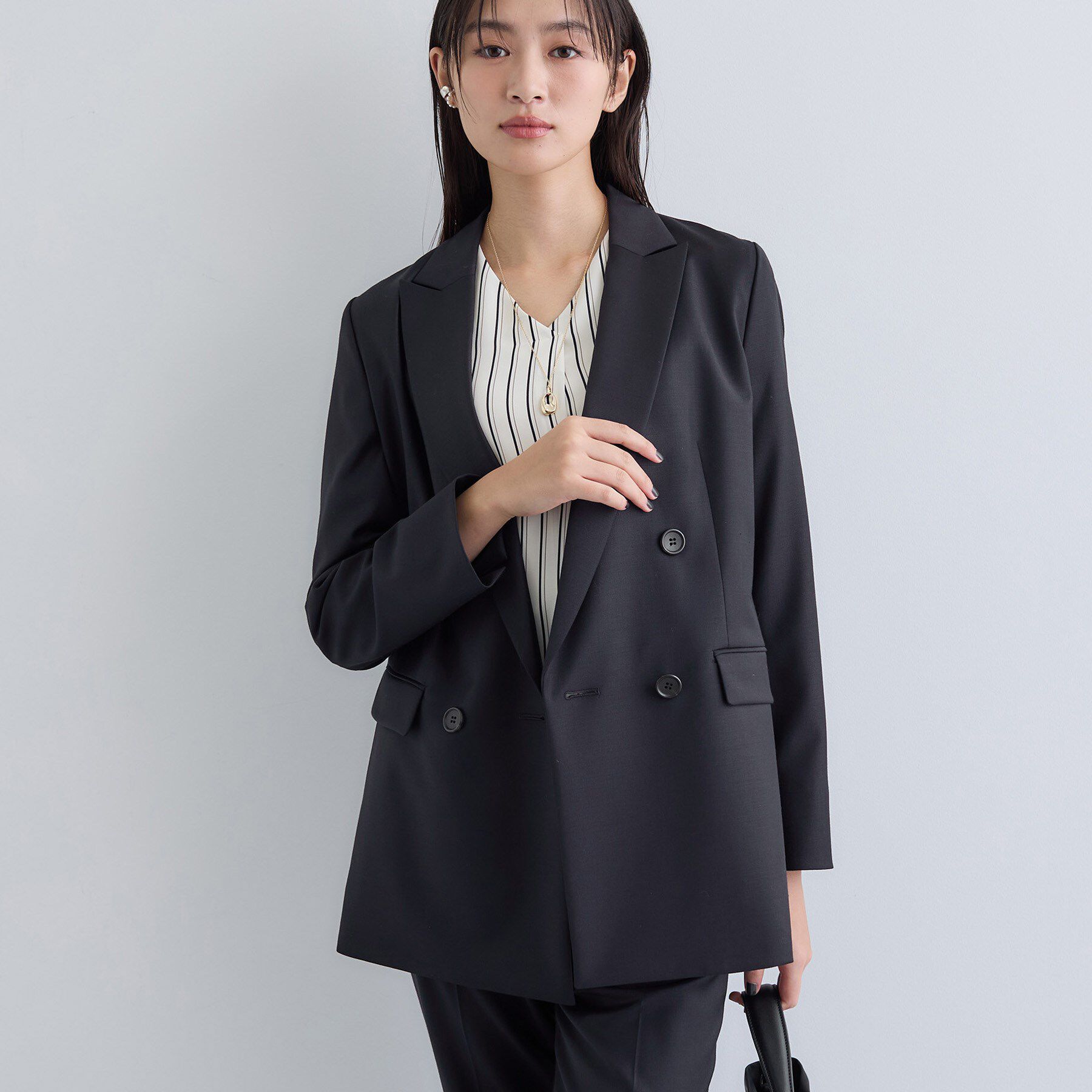 INDIVI「【日本製／スーツ／通勤】シルクウールストレッチ ダブルジャケット」|テーラードジャケット|ネイビー(094)