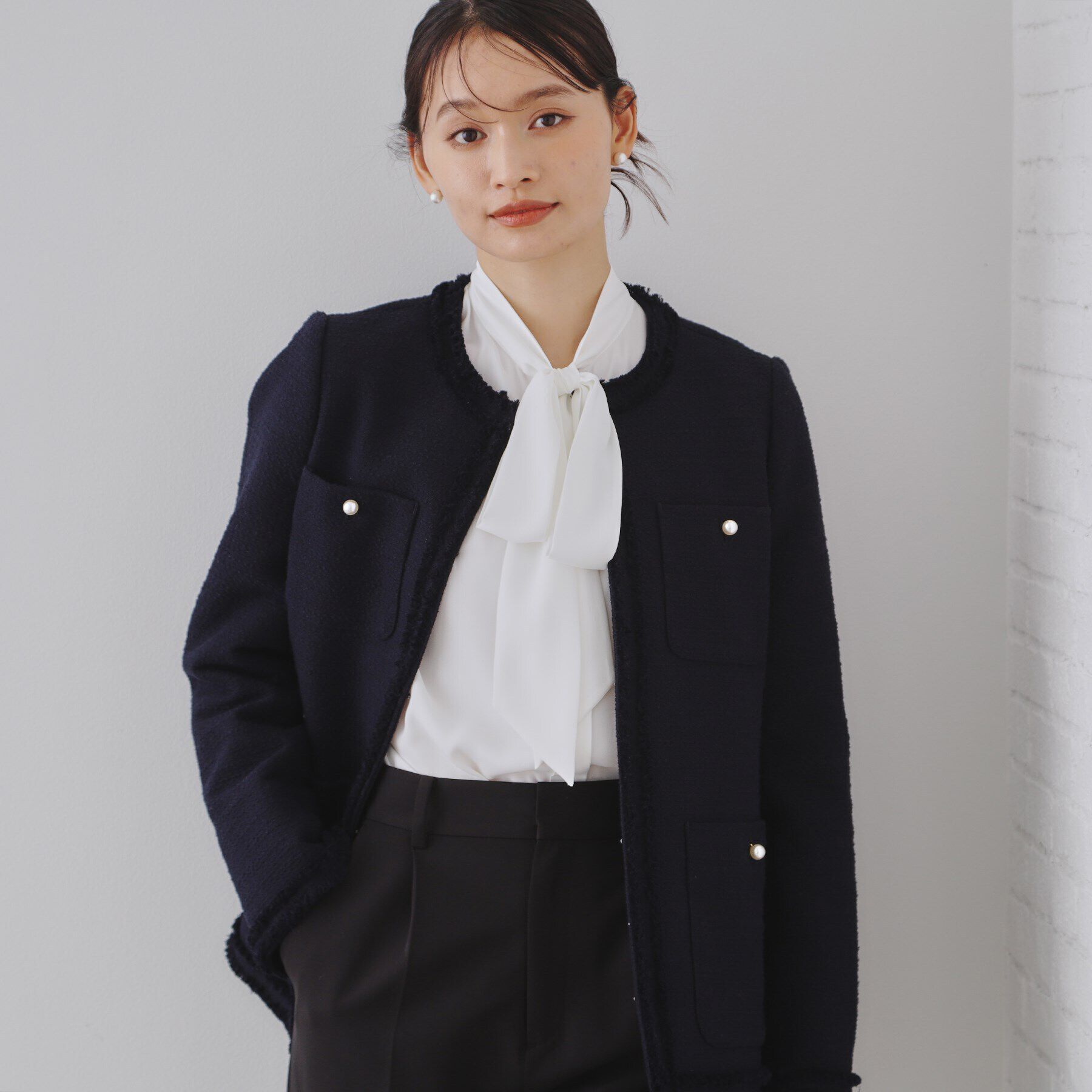 OPAQUE.CLIP「《通勤対応》コットンツイードミドルジャケット」|ノーカラージャケット|ネイビー(094)