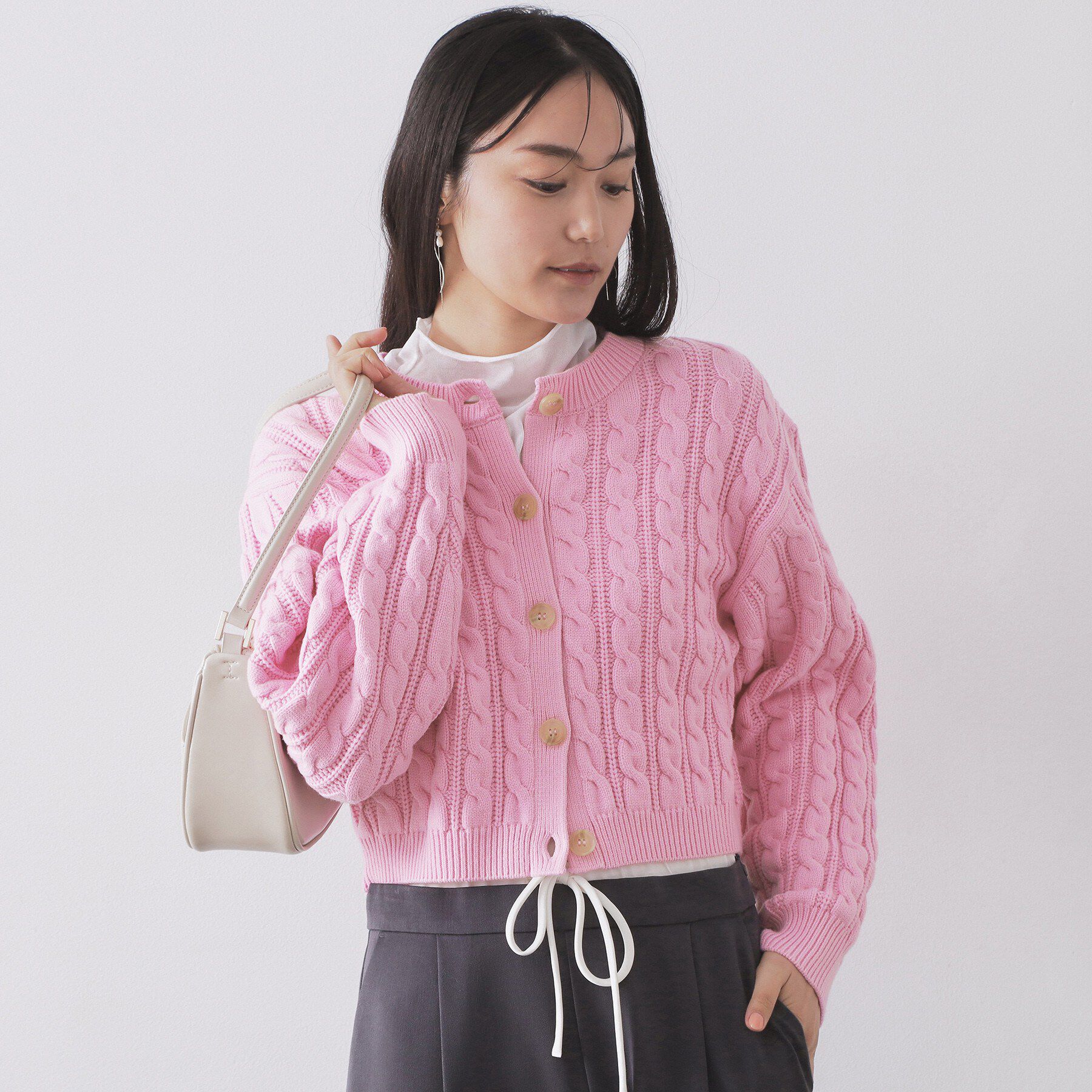 OPAQUE.CLIP「ケーブルミドルゲージニットカーディガン【洗濯機OK】」|カーディガン|ピンク(071)