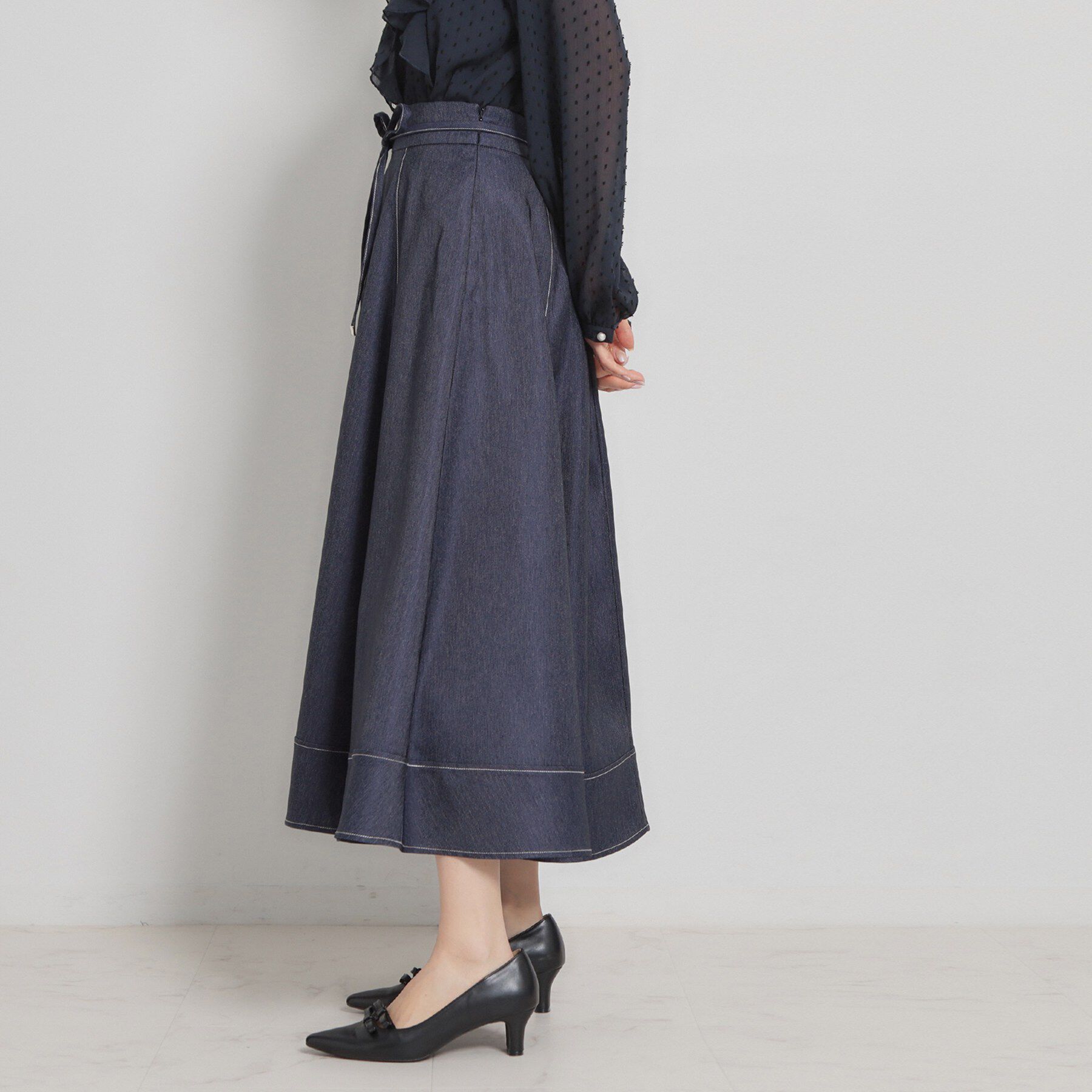 Couture broach「【洗える】デニムライク細リボンスカート」|スカート|