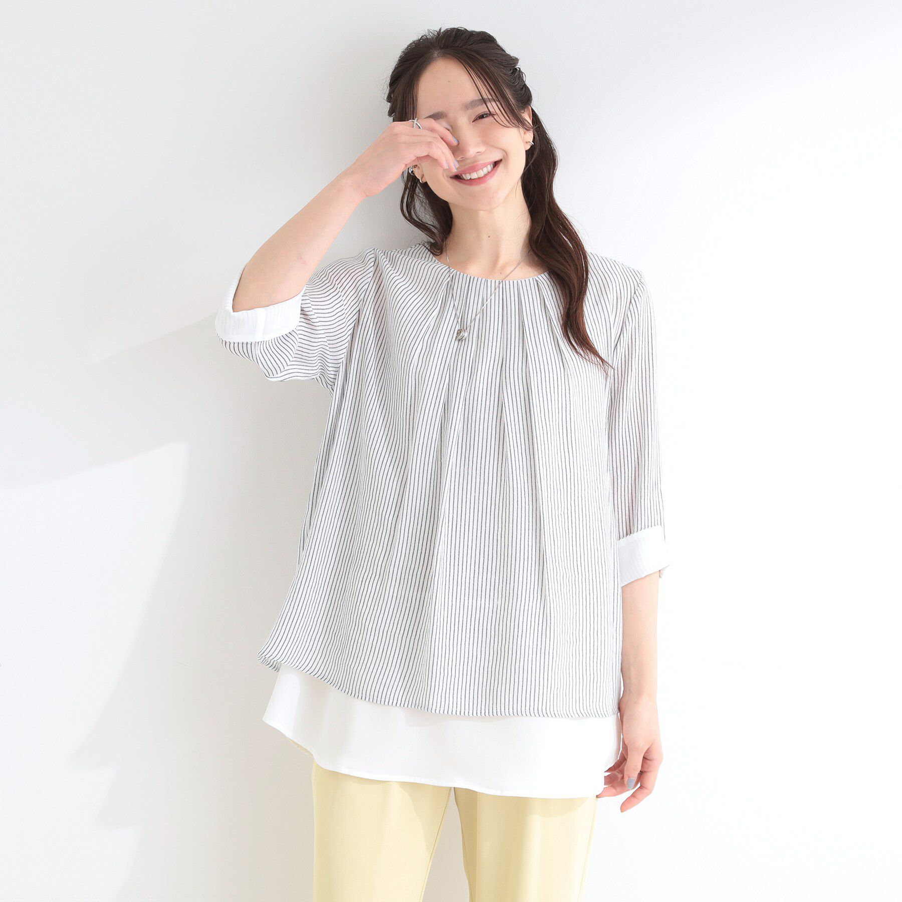 SHOO･LA･RUE「【洗濯機可/S-LL】インせず着られる スラブレイヤードトップス」|Tシャツ・カットソー|
