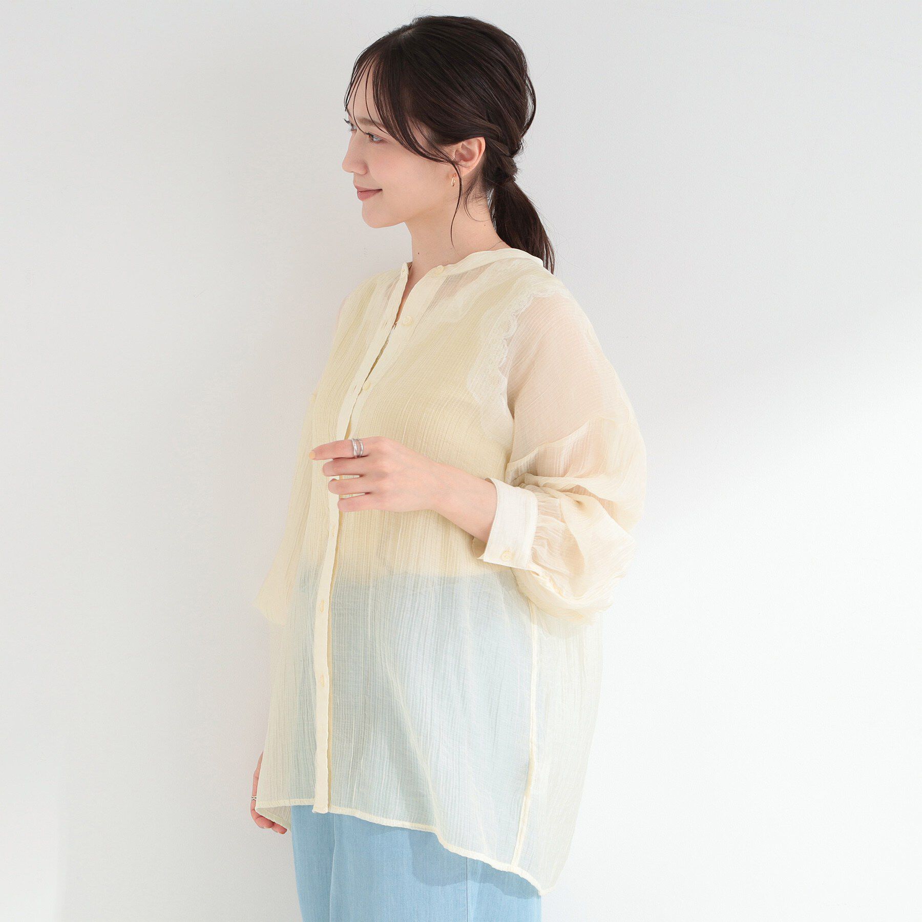 SHOO･LA･RUE「【S-LL】風合い楽しむ 大人のシボシアーバンドカラーシャツ」|シャツ・ブラウス|