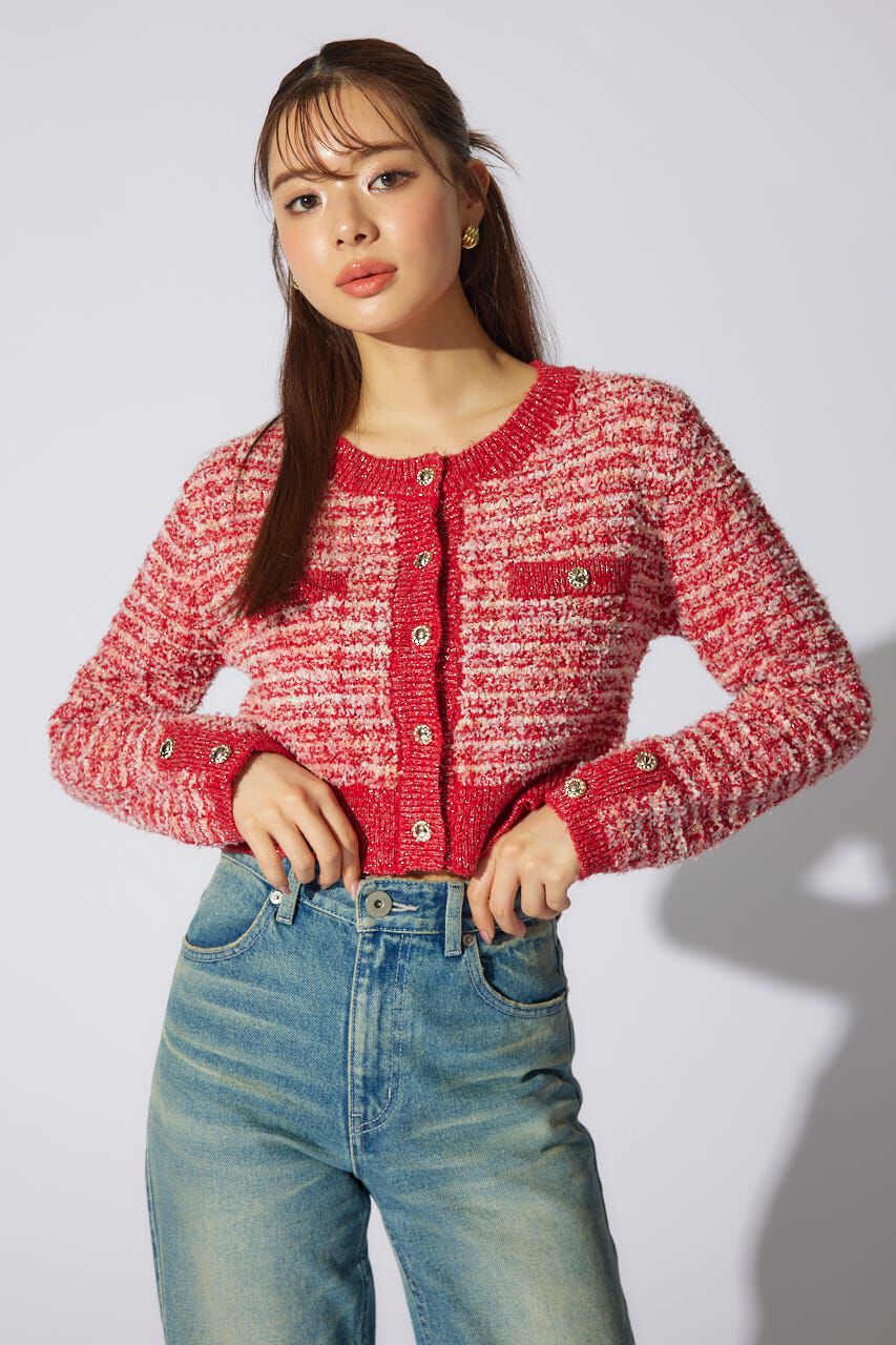 rienda「ツイードニットカーディガン」|カーディガン|RED