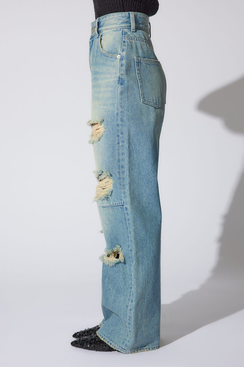 rienda「クラッシュワイドジャストウエストデニムパンツ」|デニム|