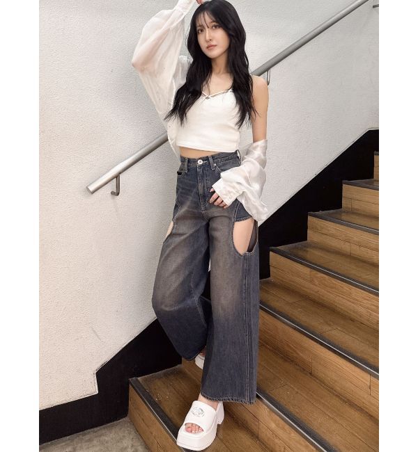 GYDA「ハイウエストサイドオープンデニムワイドパンツ」|デニム|