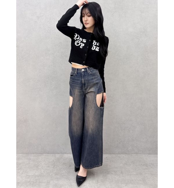 GYDA「ハイウエストサイドオープンデニムワイドパンツ」|デニム|