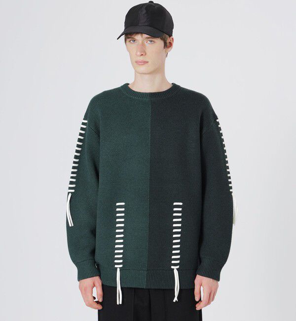  「バイカラーポイントスレッドプルオーバー」|ニット・セーター|グリーン