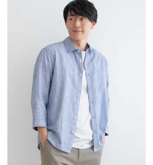 ikka「【吸水速乾】7分袖イージーケアリネンストライプシャツ」|シャツ・ブラウス|ネイビー